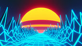 Retro 1980s synthwave styled landscape and road leading to a sun or a moon