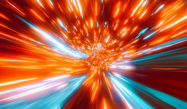 Portal made of colorful particles flying at high speed stock photo