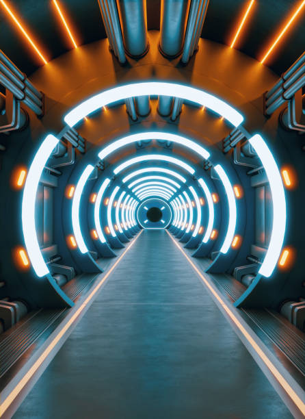 Viagem além da realidade: túnel iluminado por néon transporta viajantes - foto de acervo
