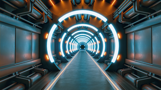 Concept of travel in time and space. Tunnel illuminated by neon lights.