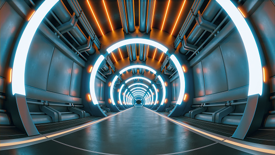 Concept of travel in time and space. Tunnel illuminated by neon lights.