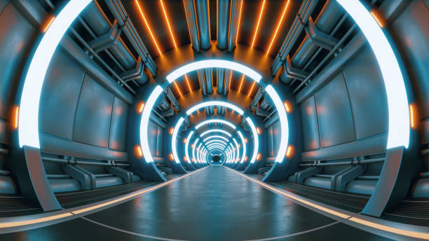 Access to the metaverse through a neon lit tunnel stock photo