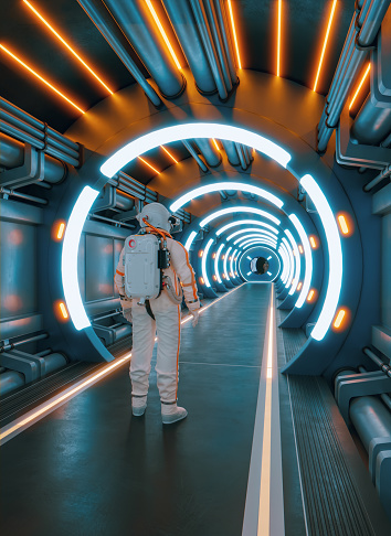 Man in space suit ready for an adventure while he stands in a tunnel illuminated by neon lights. Concept of travel in time and space.