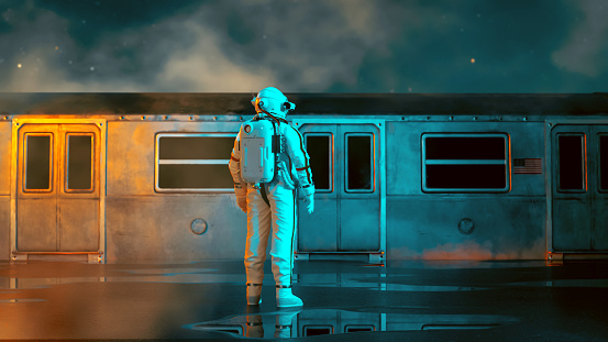 Man in space suit stands in front of a train with closed doors. He is ready to go on a mission or a journey. Could be a concept of the metaverse. It could also be about finding the right way to go forward and picking the right path.