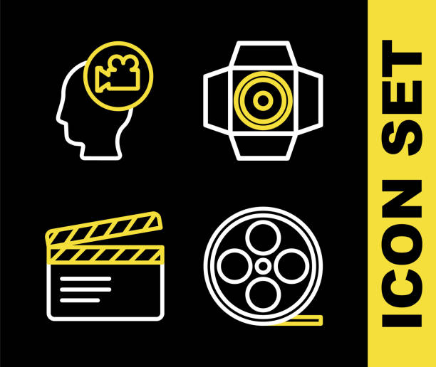 istock Set line Movie spotlight, Film reel, clapper and Head with camera icon. Vector 1561321974