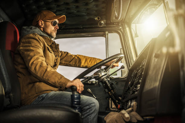 Professional Semi Truck Driver Behind the Wheel stock photo