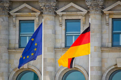 Berlin, Germany - 13 July 2023: German and European Union flags.