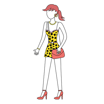 Girl fashion model wearing fashionable leopard fur print dress, red high heels shoes and shoulder bag, vector illustration.