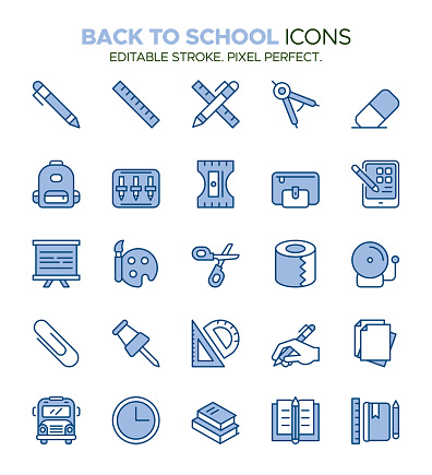 Step into the world of education and learning with our 'Back to School Icon Set'. This comprehensive collection contains 25 meticulously designed icons that cover all the essential elements of school life - from classrooms and books to teachers and school buses. Perfect for any education-themed project or back to school shopping campaigns, these symbols offer an engaging and aesthetically pleasing way to convey educational concepts. The set includes scalable vectors that are fully customizable to fit your design needs. Whether you're an educator, a designer working on an academic project, or a retail business promoting back-to-school shopping, this icon set is a valuable asset for your creative toolkit.