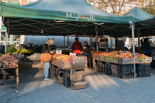 November 23, 2022 - New York, USA: Migliorelli stall at the Grow NYC Union Square Greenmarket, a year-round farmer's market with various farm and small batch food producers.