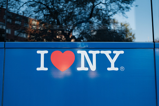 November 23, 2022 - New York, USA: I Love NY sign on a New York City Bus in Manhattan. MTA buses cover most routes within the City of New York.
