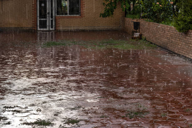 istock Heavy summer rain on square paved with dark red tiles. 1561416563