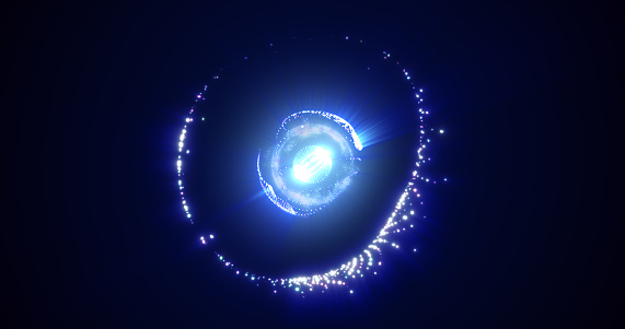 Abstract energy sphere with flying glowing bright blue particles, science futuristic atom with electrons hi-tech background.