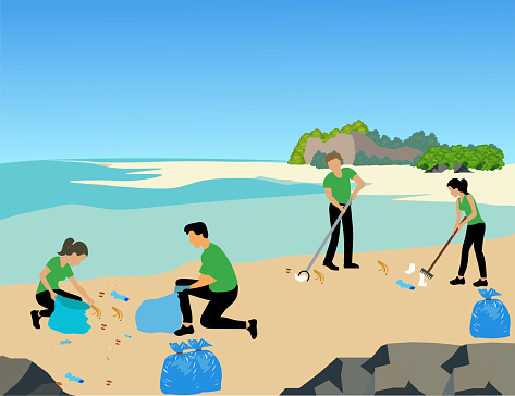 A group of young environmentalists cleans the beach to support sustainability