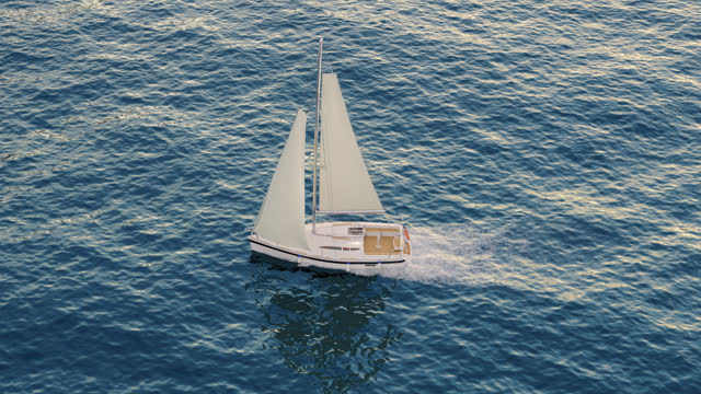 a sailboat on the sea. 3d animation of a sailboat on sea at sunset. top view of a sailboat sailing