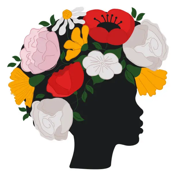 Vector illustration of Black woman's silhouette with colorful flowers in her hair.