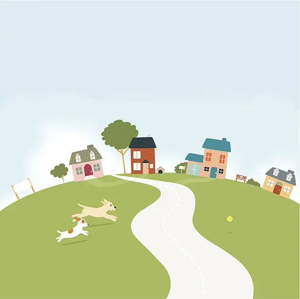 Vector illustration of Dogs running in a small village