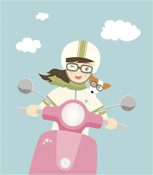 Vector illustration of Cute young woman on scooter with dog