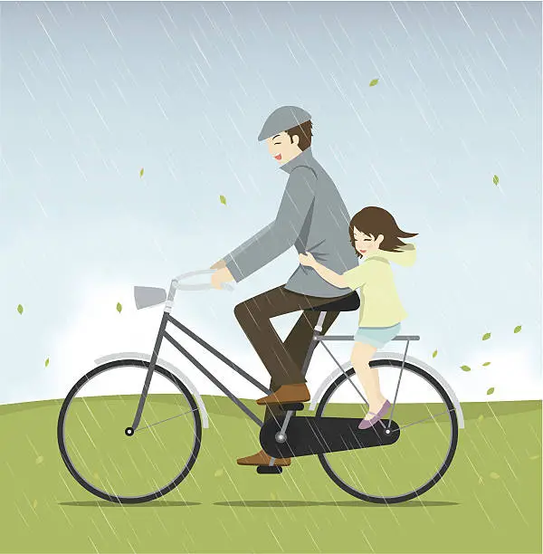 Vector illustration of Father and daughter riding bicycle in the rain