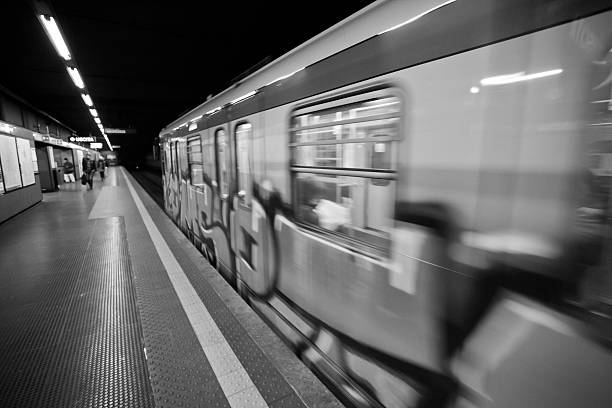 istock Underground Train with Graffiti in Black and White, Milan 156171325