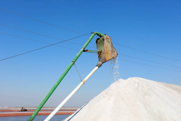 Workers work on the salt field, Salt-farm workers produce salt in the salt fields， salt-farm equipment produces salt