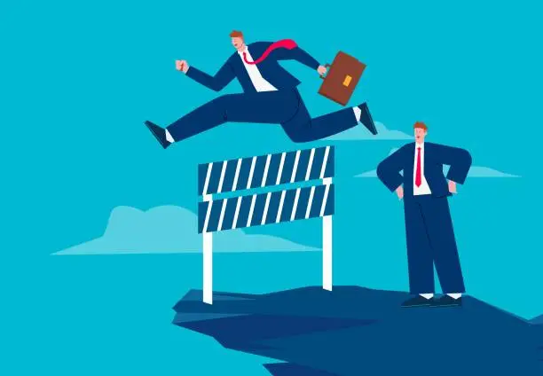 Vector illustration of Errors and predictions or decisions, mistakes or failures lead to dangers and crises, businessmen hurdle at the edge of the cliff and fall over the precipice