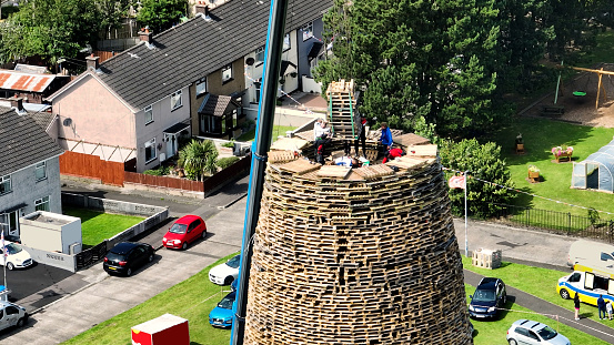 Aerial View of Erecting the Eleventh Night Bonfire Celebrations at Craigyhill Larne Northern Ireland