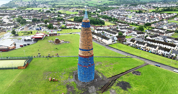 Aerial View of the fully Erected Eleventh Night Bonfire with beacon at Craigyhill Larne Northern Ireland