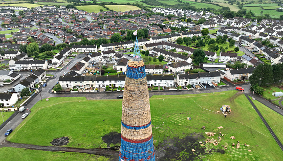 Aerial View of the fully Erected Eleventh Night Bonfire with beacon at Craigyhill Larne Northern Ireland