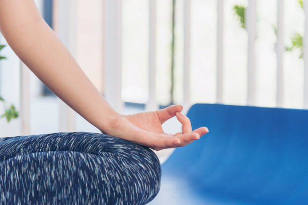 Women doing yoga hand in lotus position. Yoga fitness lifestyle healthy woman relaxation doing meditation. Yoga woman workout in sportswear sit on yoga mat home fitness workout exercise. Home fitness mujeres haciendo yoga con la mano en posición de loto. yoga fitness estilo de vida mujer saludable relajación haciendo meditación. yoga mujer entrenamiento en ropa deportiva sentarse en colchoneta de yoga ejercicio de fitness en casa. fitness en casa