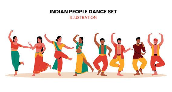 Indian performing traditional dance illustration set. Traditional costumes. Group indian male and female cartoon characters. Flat vector illustration isolated on white background