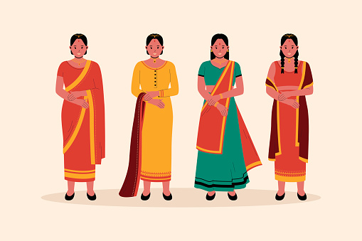 Woman Indian in traditional clothes illustration. Traditional costumes. Group indian female cartoon characters. Flat vector illustration isolated on white background