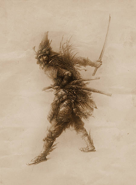 Fantasy warrior in the Japanese style. Tempera on paper & processing