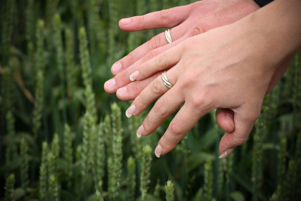 Wedding hands over grain stock photo