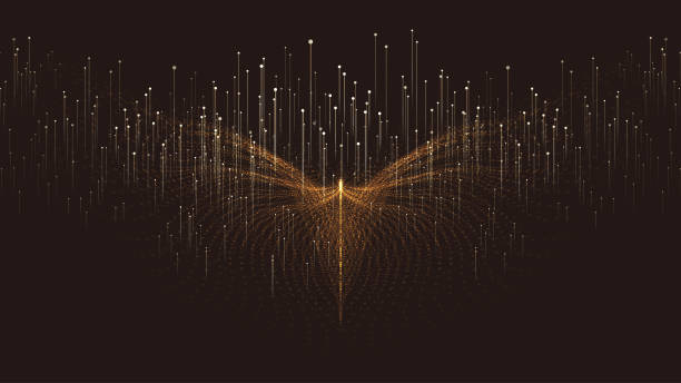 ilustrações, clipart, desenhos animados e ícones de asas de partículas abstratas de ouro com fundo vetorial de tecnologia de raios - web winged flash