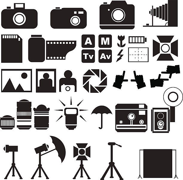 ilustraciones, imágenes clip art, dibujos animados e iconos de stock de iconos de fotografía - stage light flash
