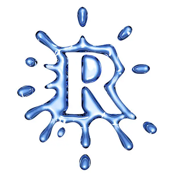 Blue liquid water alphabet with splashes and drops - letter R