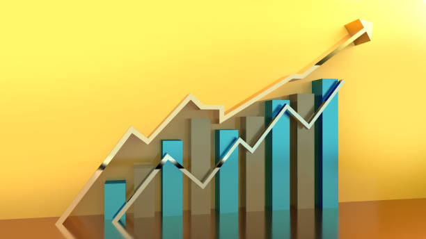 istock 3D chart and trend graph arrow, Data analyze financial and stock market concept by glossy metal texture. Yellow background. 1562024224
