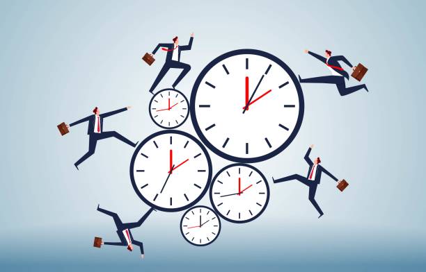 istock Time management, busy work, productivity, deadlines, countdowns, businessmen running on clocks with different time periods 1562042121