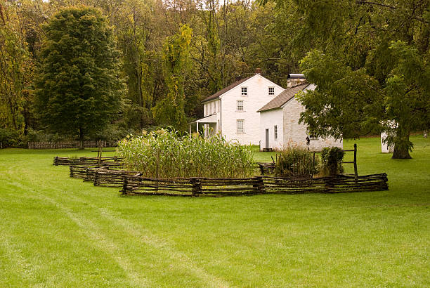 istock Old farm house behind rough fenced garden 156204449