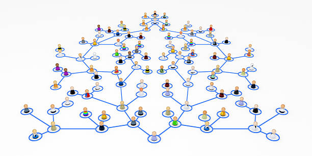 Cartoon Crowd, Hierarchy Crowd of small symbolic 3d figures linked by lines, isolated corporate hierarchy stock pictures, royalty-free photos & images