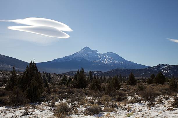 Clouds over Mount Shasta stock photo
