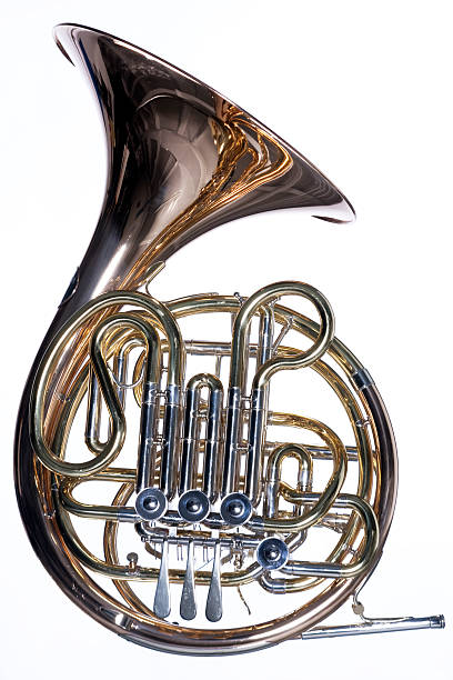 istock Very shiny French horn with brass reflections on white 156208225