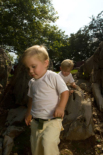 istock Twin brothers climbing down rocks in the summertime 156208338