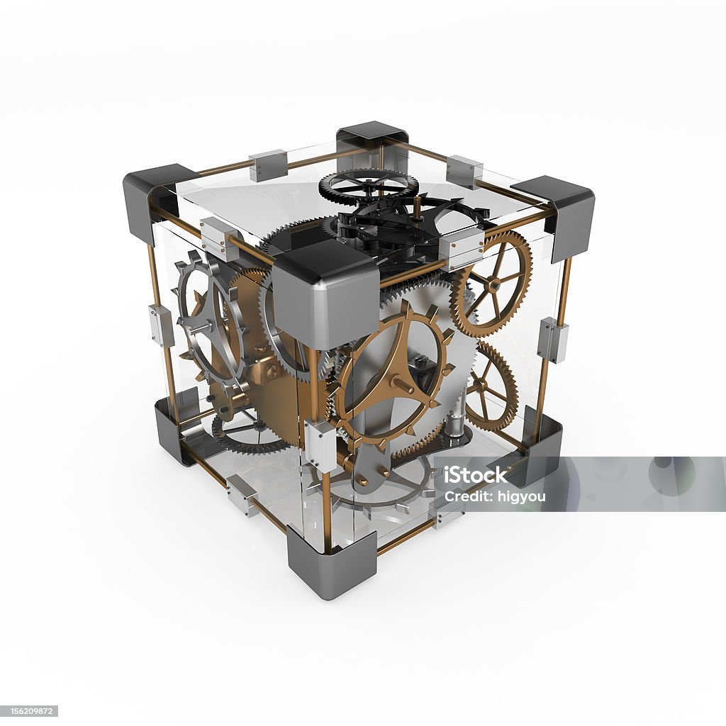 Clockwork Cube Clockwork gear mechanism 3d illustration, isolated Intricacy Stock Photo