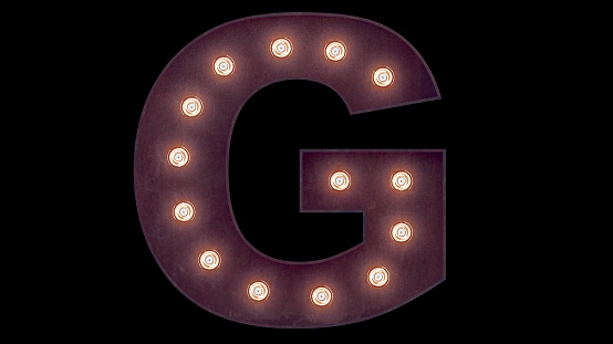 Light bulb glowing letter alphabet character G font. Perspective view illuminated capital symbol on black background. 3d rendering illustration.