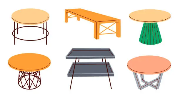 Vector illustration of Elements of home furniture. Living room coffee table set. et of different tables for interior design.