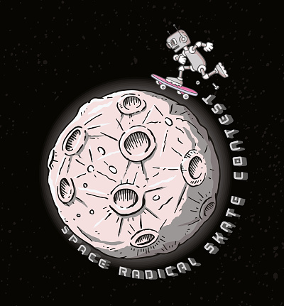 Vector, hand drawn illustration of retro robot riding a skateboard on a moon. Drawing in cartoon style.