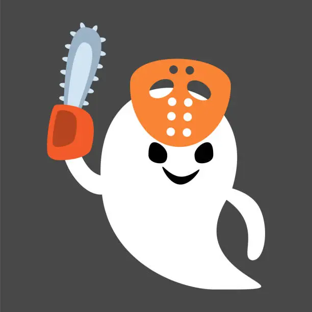 Vector illustration of Cute white ghost with murderer costume . Halloween cartoon character . Flat design . Vector .