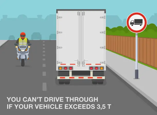 Vector illustration of Safe driving tips and traffic regulation rules. 'No heavy goods vehicle' traffic sign. Back view of a truck on a living area road.